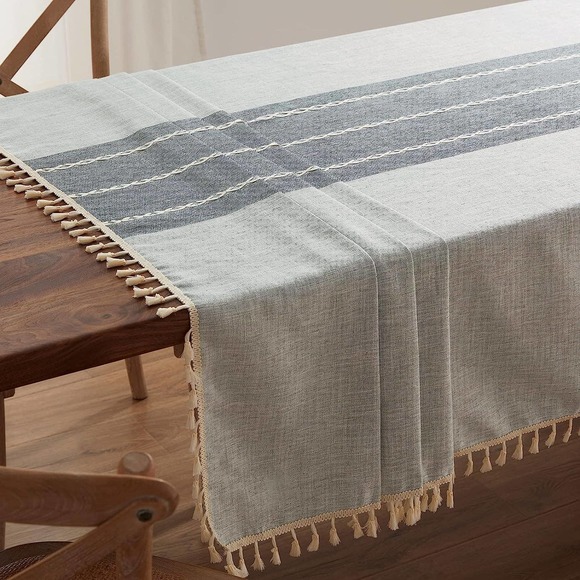 LAFAVILLE Cotton Linen Tablecloth - Grey Stripe Rectangle 55" x 70" (140x180cm) - Picture 9 of 10